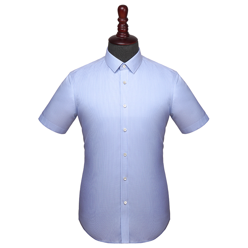 蓝色格纹短袖衬衫定制(图1)